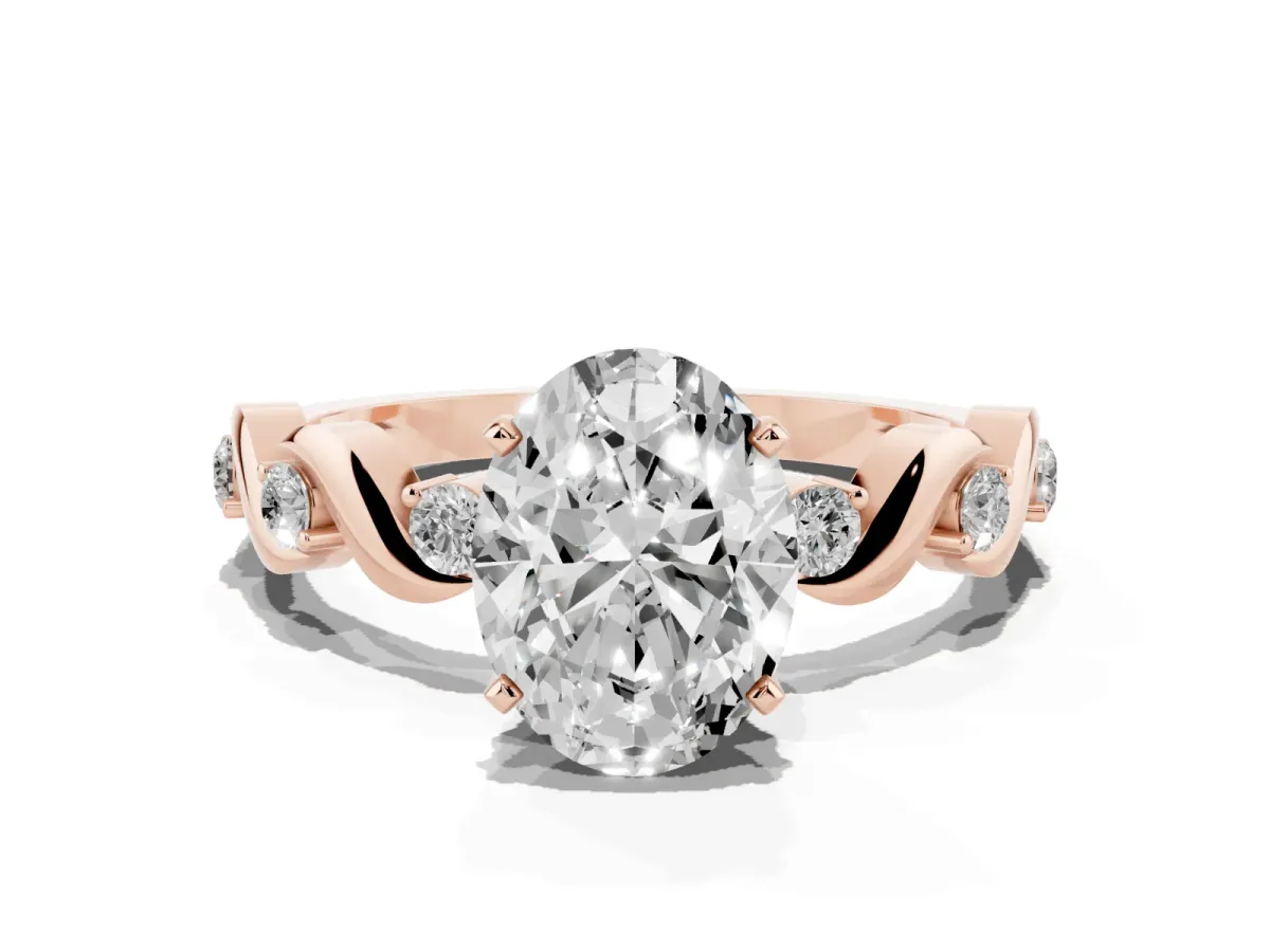 Oval Cut Diamond Solitaire Twisted Band with Round Accents and Prong Setting Rose gold