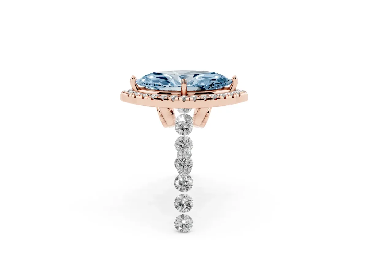 Fancy Blue Marquise Cut Halo Pavé Diamond Engagement Ring with Four-Prong Setting Rose gold
