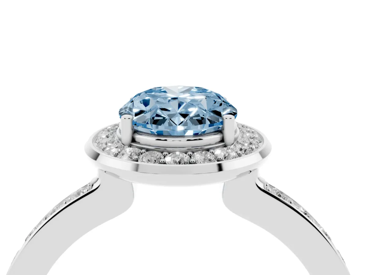 Fancy Blue Oval Cut Diamond Halo Ring with Bezel Frame and Pavé Band Silver