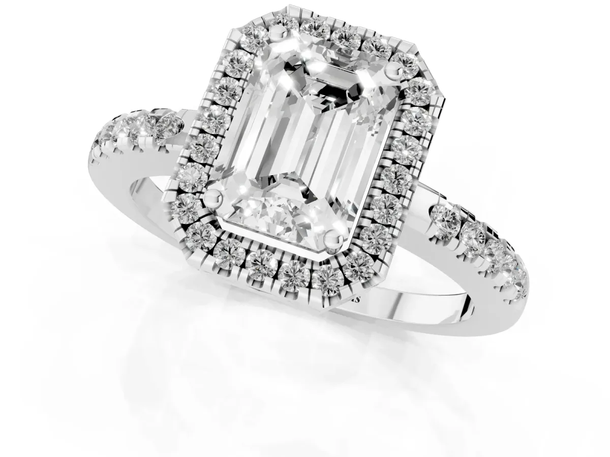 Emerald Cut Halo Diamond Engagement Ring with Pavé Band and Four-Prong Setting Silver