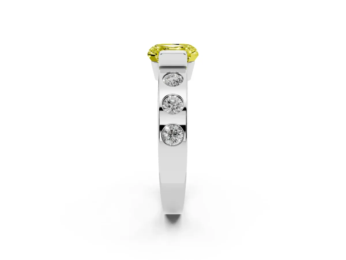 Fancy Yellow Asscher Cut Brilliant Channel-Set Diamond Ring with Bezel Prong Setting Platinum