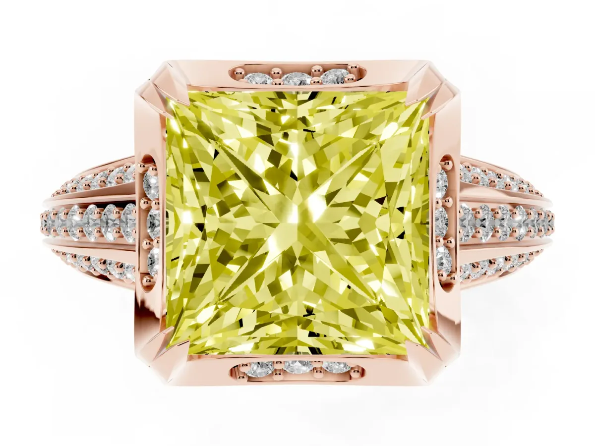 Fancy Yellow Princess Cut Solitaire Pave Split Shank Ring with Four-Prong Setting Rose gold