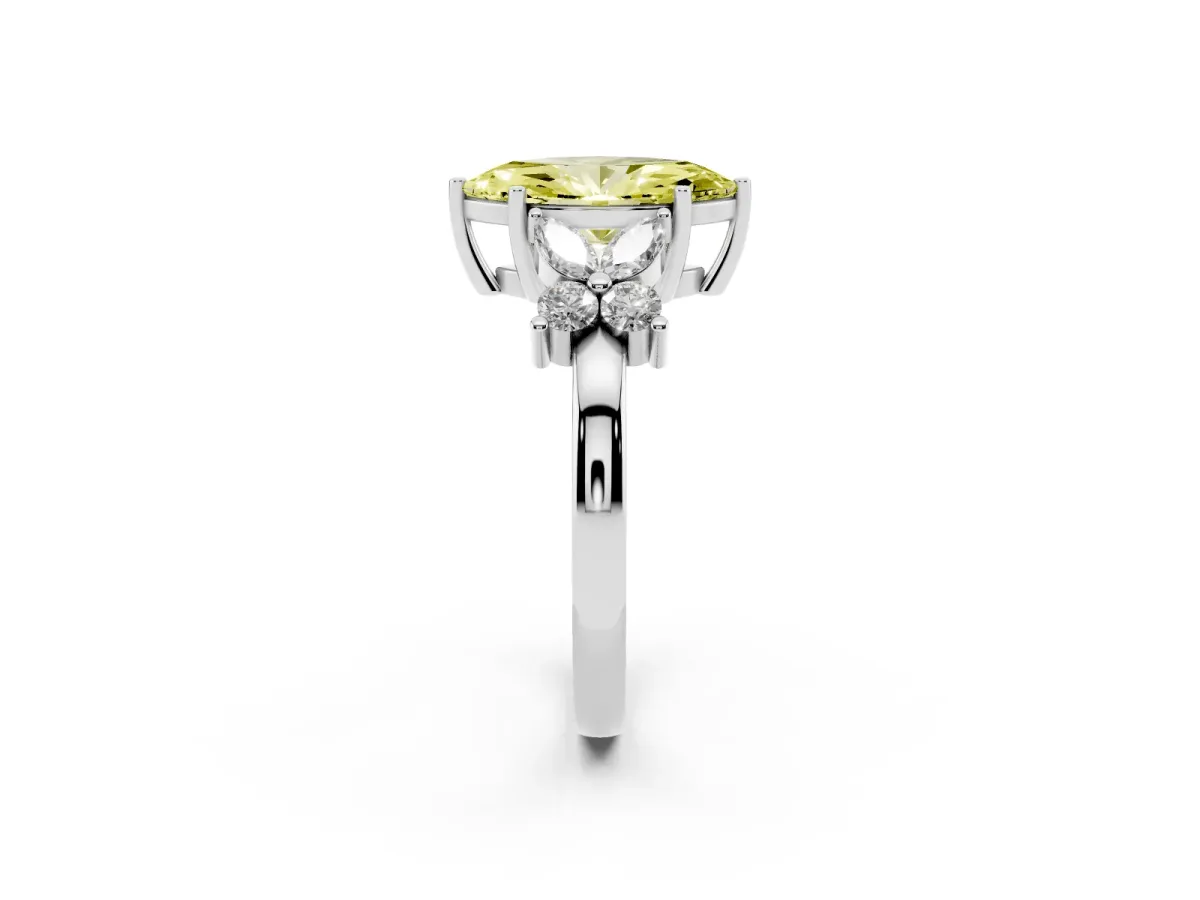 Fancy Yellow Marquise Cut Diamond Floral Cluster Ring with Solitaire Band and Prong Setting Silver