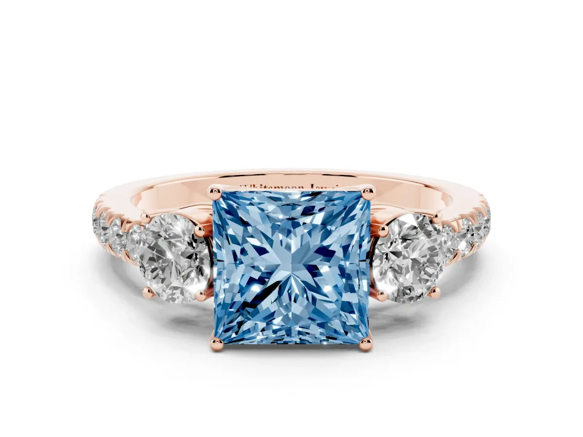 Fancy Blue Princess Cut Cut Diamond Three-Stone Ring with Round Side Stones and Pavé Band Rose gold