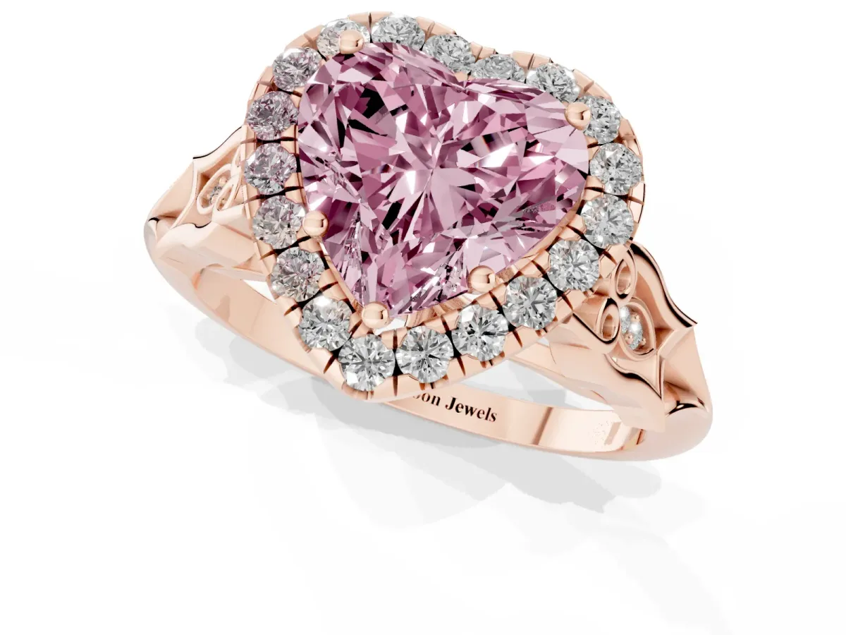 Fancy Pink Heart Cut Halo Diamond Engagement Ring with Filigree Band and Four-Prong Setting Rose gold