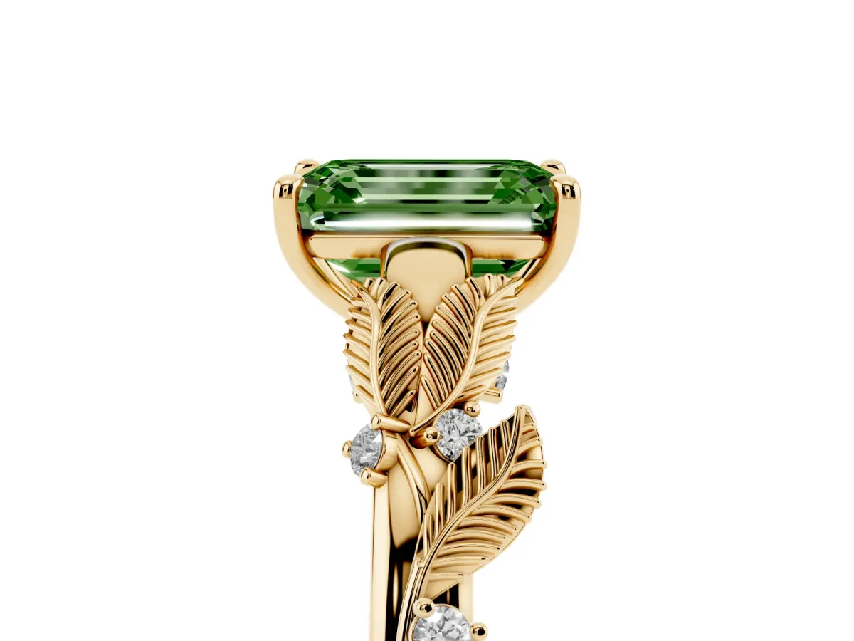 Fancy Green Emerald Cut Diamond Solitaire Ring with Leaf Motif Band and Four-Prong Setting Yellow gold