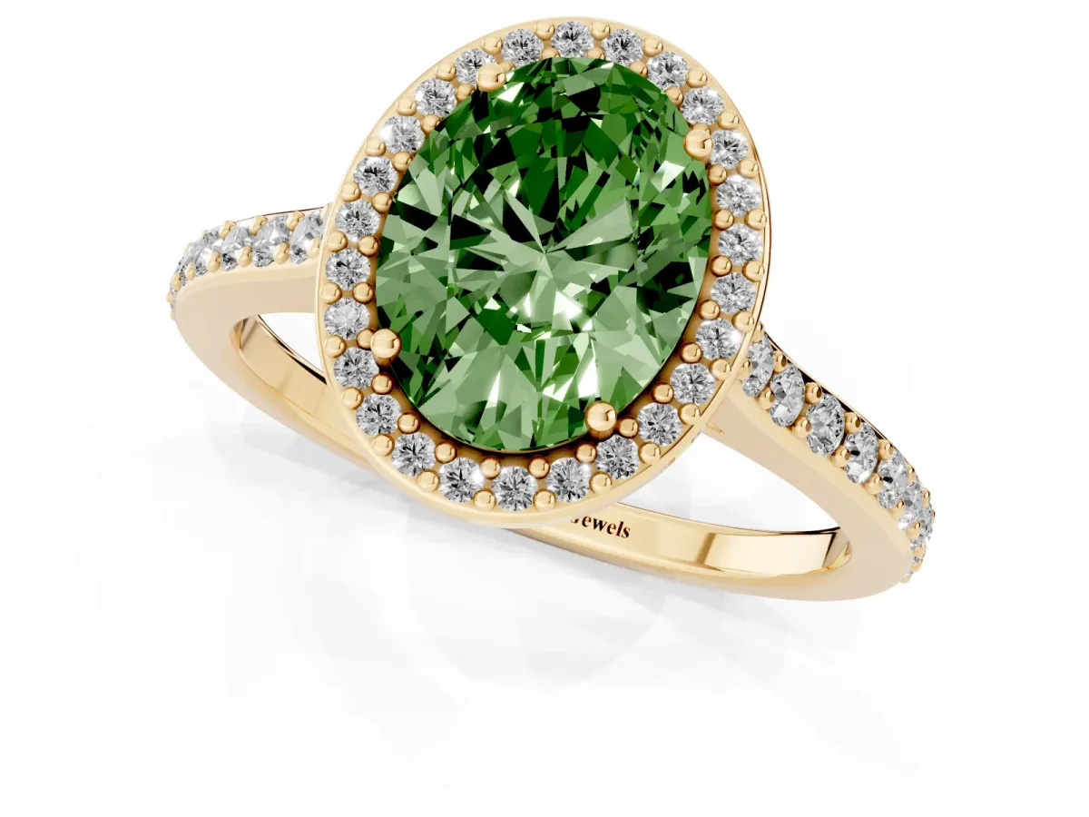 Fancy Green Oval Cut Diamond Halo Engagement Ring with Round Pavé Shoulders and Prong Setting Yellow gold
