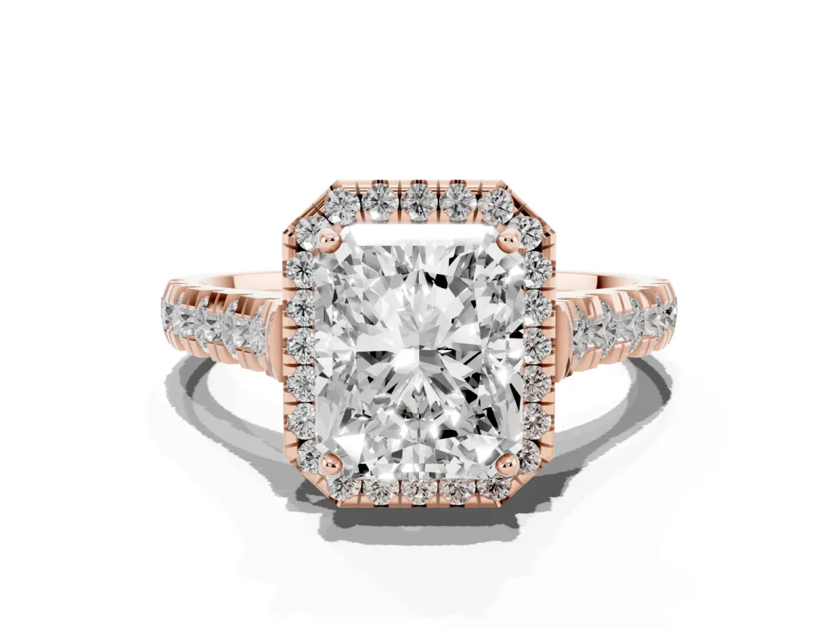 Radiant Cut Halo Pavé Diamond Engagement Ring with Four-Prong Setting Rose gold