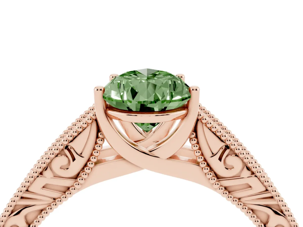 Fancy Green Pear Cut Diamond Solitaire Ring with Engraved Band and Four-Prong Setting Rose gold