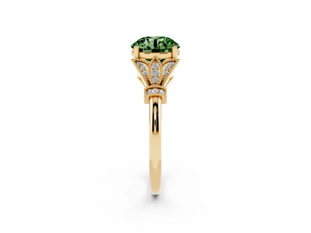 Fancy Green Round Cut Diamond Solitaire Ring with Floral Filigree and Pave Accents Yellow gold