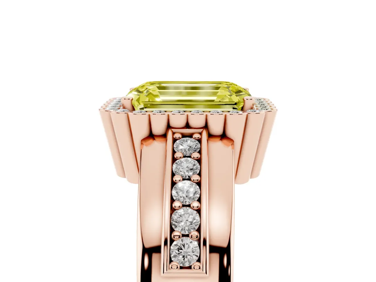 Fancy Yellow Emerald Cut Cut Halo Pave Band Four-Prong Ring Rose gold