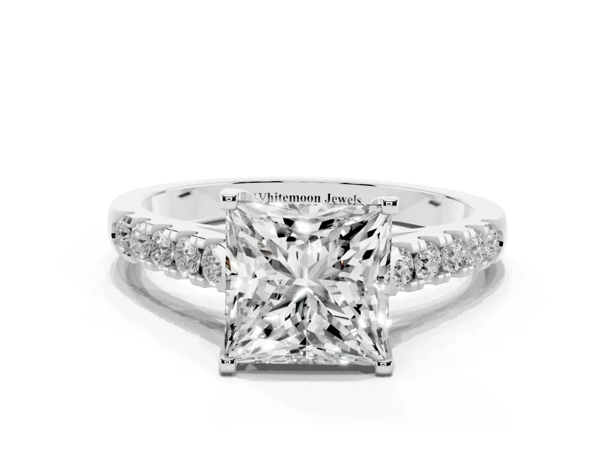 Princess Cut Diamond Pavé Band Solitaire Ring with Prong Setting Silver