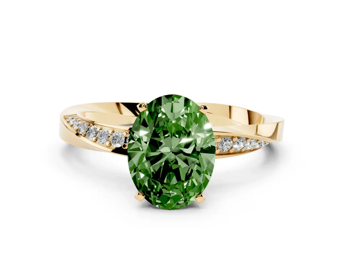 Fancy Green Oval Cut Diamond Engagement Ring with Side Stone Accents and Four-Prong Setting Yellow gold