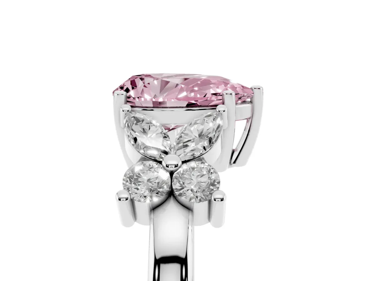 Fancy Pink Pear Cut Diamond Floral Cluster Ring with Solitaire Band and Prong Setting White gold