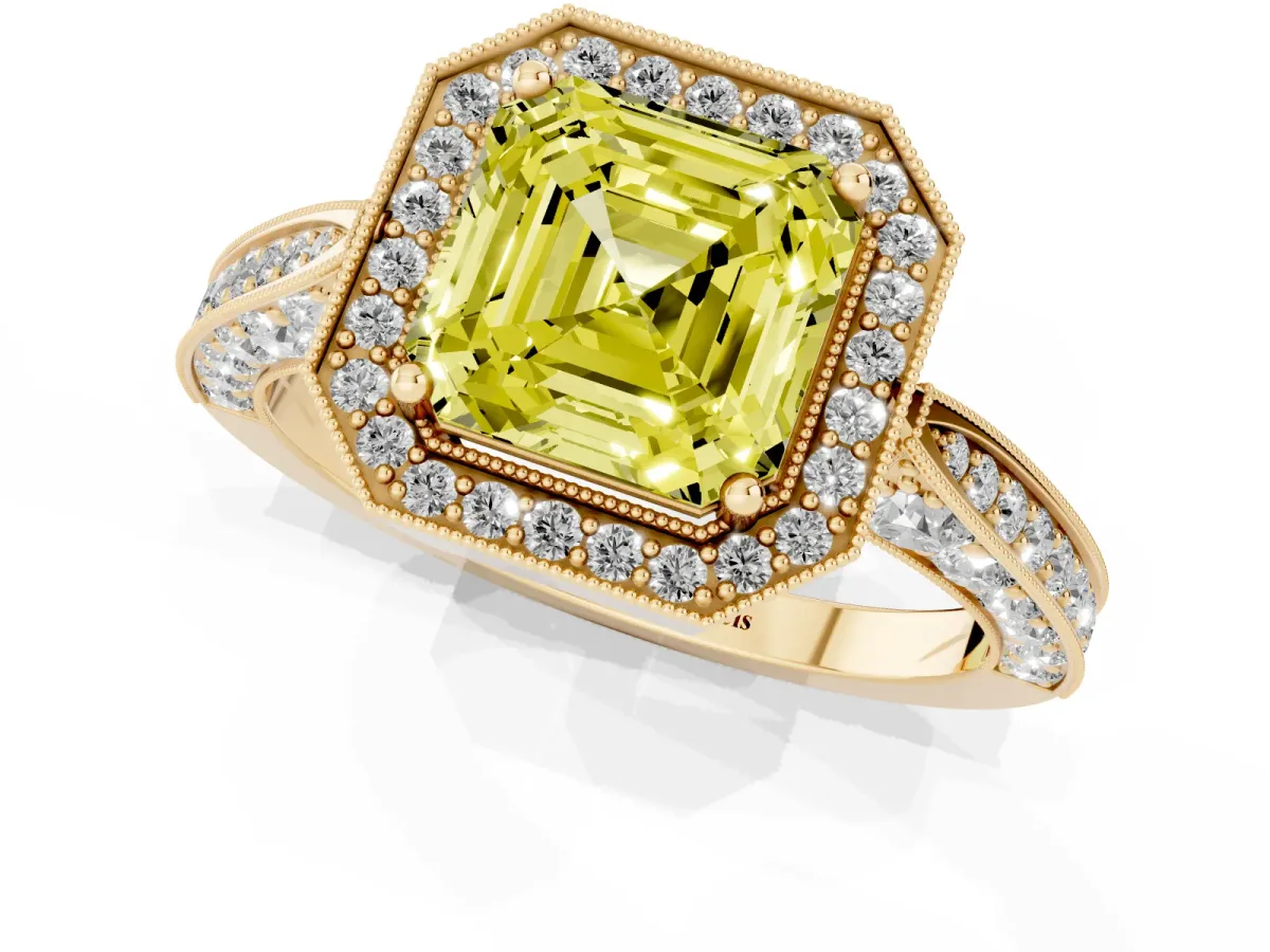 Fancy Yellow Asscher Cut Halo Diamond Engagement Ring with Split Shank Band and Four-Prong Setting Yellow gold