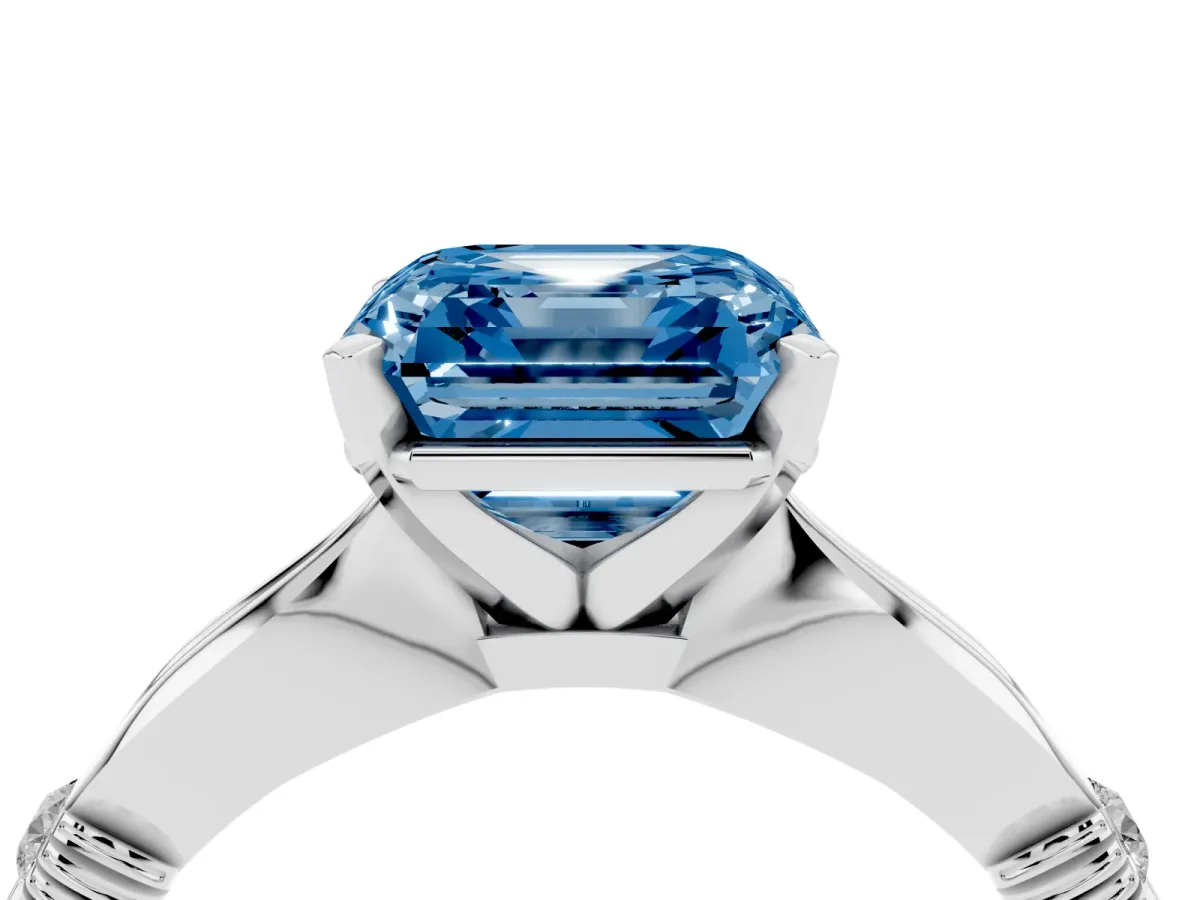 Fancy Blue Asscher Cut Solitaire Diamond Twisted Band with Four-Prong Setting White gold