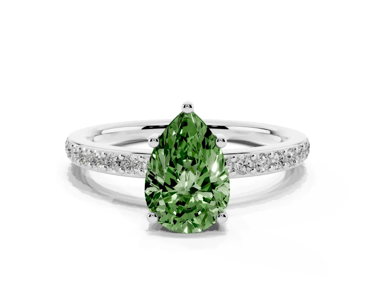 Fancy Green Pear Cut Cut Diamond Pavé Band Ring with Four-Prong Setting Platinum