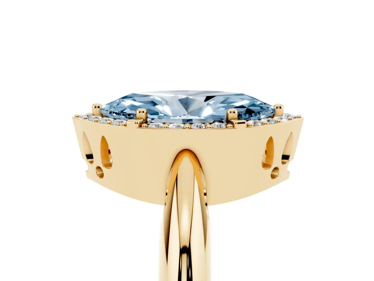 Fancy Blue Marquise Cut Cut Diamond Halo Engagement Ring with Split Shank and Four-Prong Setting Yellow gold
