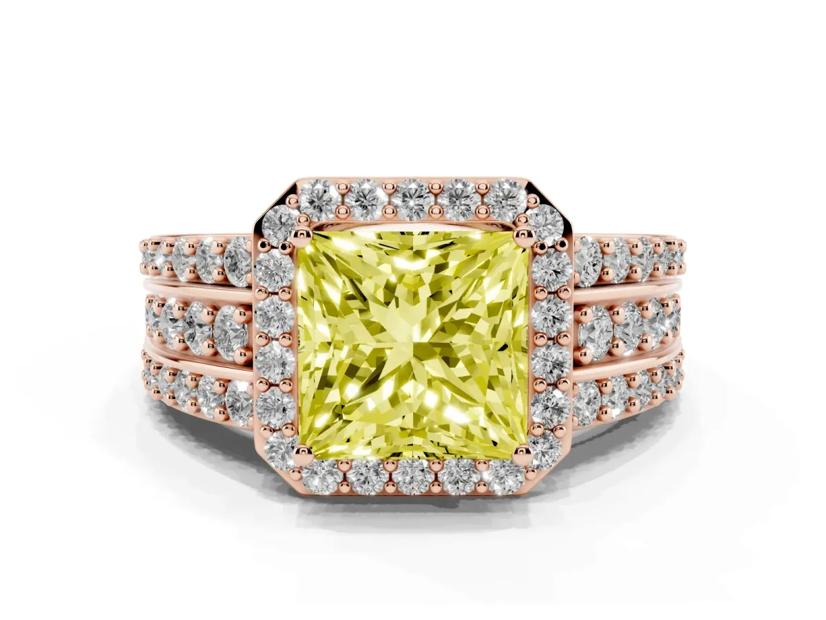 Fancy Yellow Princess Cut Halo Diamond Ring with Round Split Shank and Prong Setting Rose gold