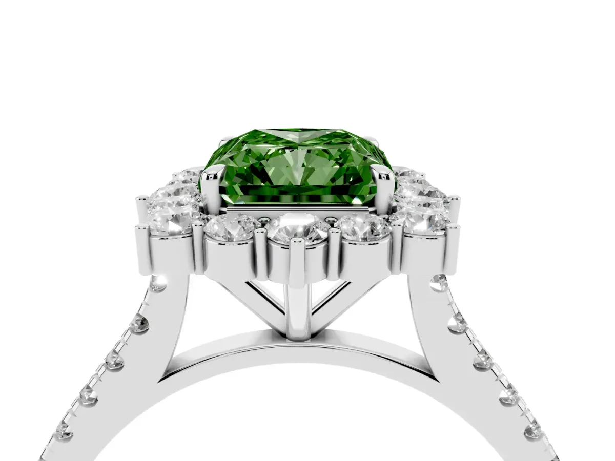 Fancy Green Radiant Cut Halo Diamond Ring with Pavé Band and Prong Setting Silver