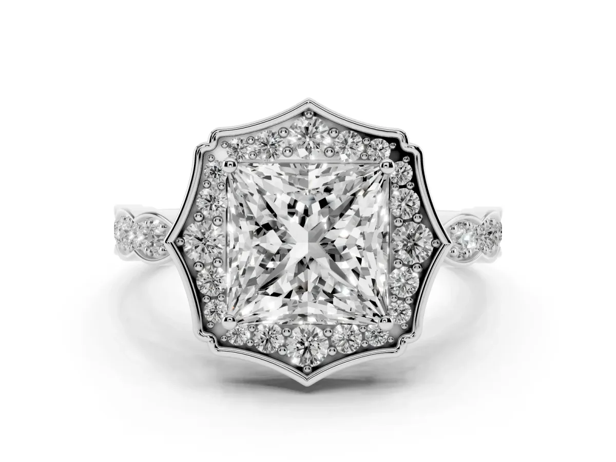 Princess Cut Halo Diamond Engagement Ring with Milgrain Band and Four-Prong Setting Silver