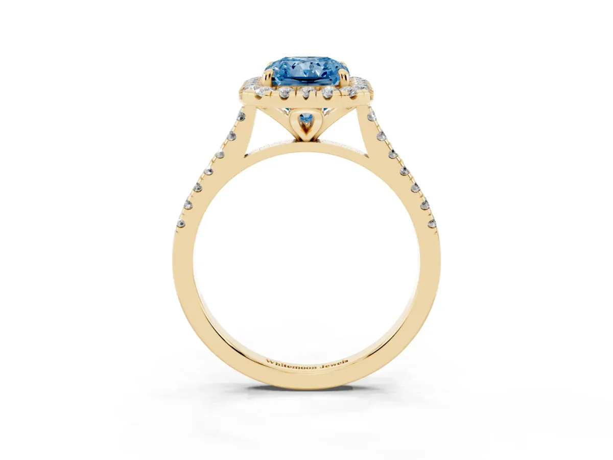 Fancy Blue Radiant Cut Diamond Cushion Halo Ring with Pavé Band Yellow gold