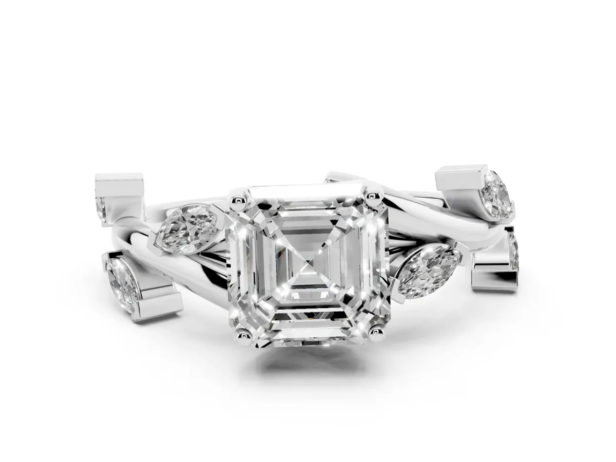 Asscher Cut Solitaire Twisted Band Marquise Accent Prong Setting Ring White gold