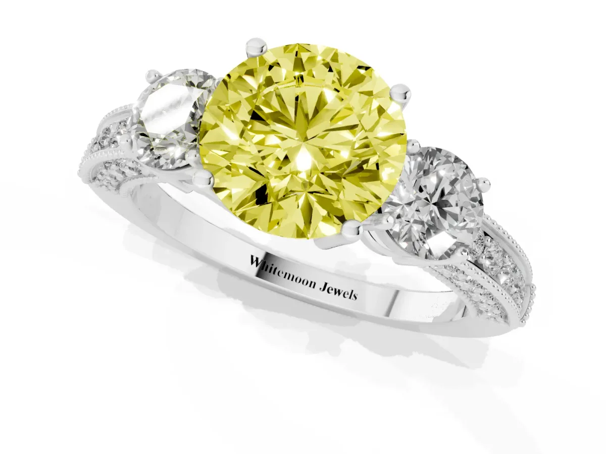 Fancy Yellow Round Cut Three-Stone Diamond Ring with Pavé Band and Four-Prong Setting Silver