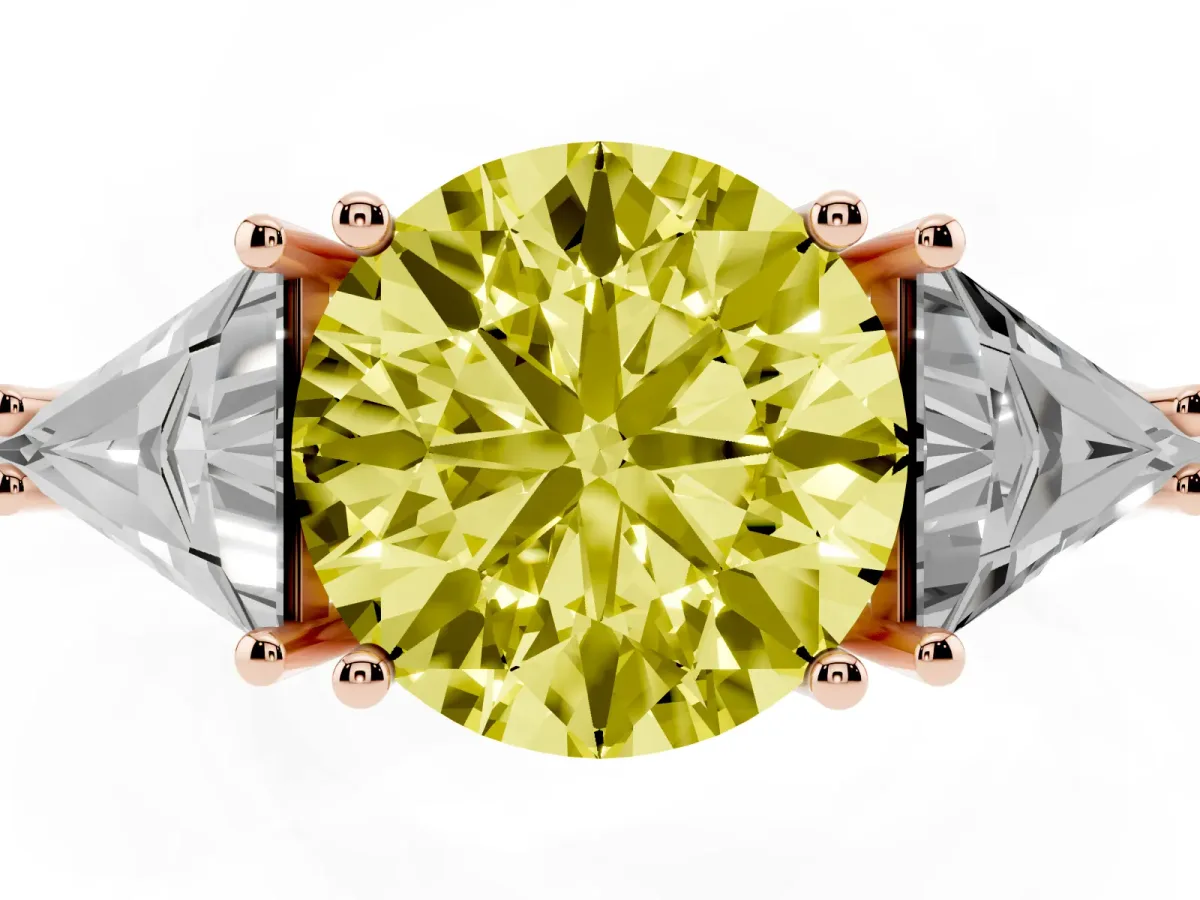 Fancy Yellow Three-Stone Round Cut Diamond Engagement Ring with Trillion Side Stones and Prong Setting Rose gold