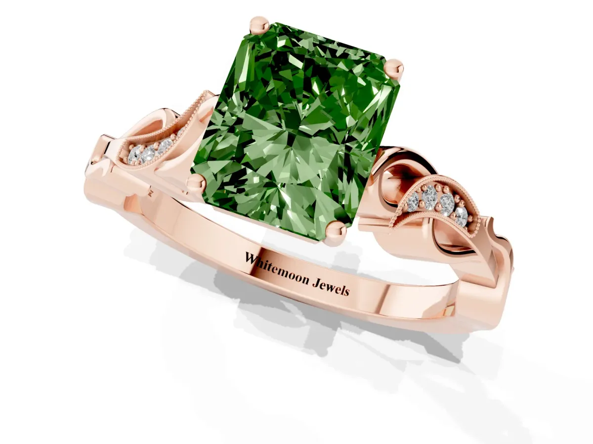 Fancy Green Radiant Cut Solitaire Vine Band with Milgrain Prong Setting Rose gold
