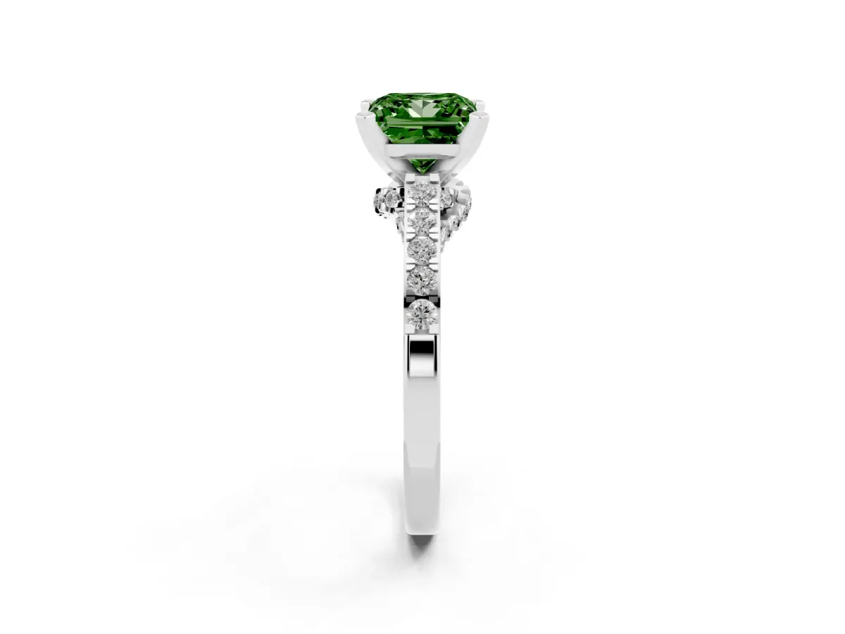 Fancy Green Princess Cut Diamond Solitaire Ring with Crossover Gallery and Round Pavé Band Platinum