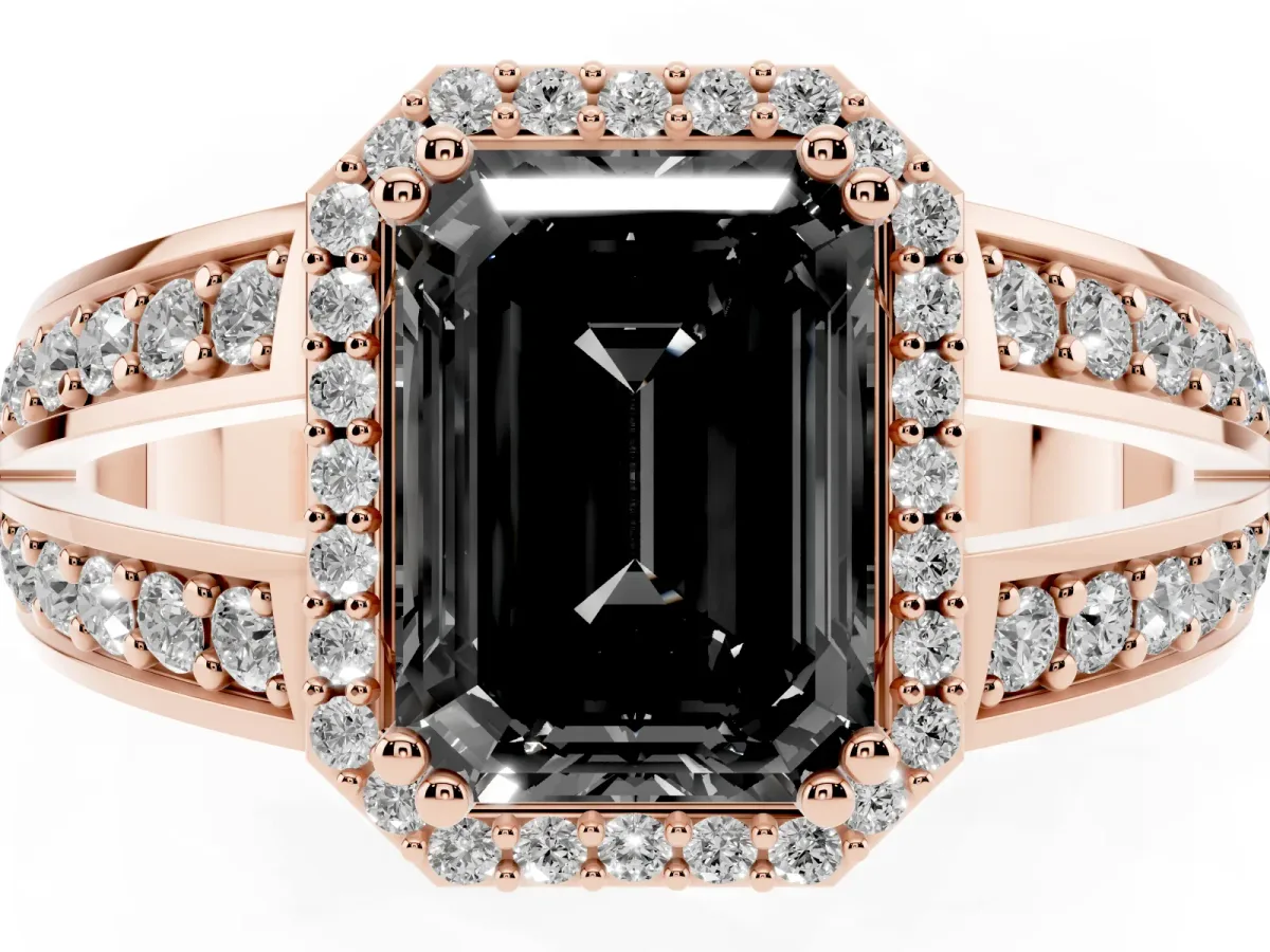 Fancy Black Emerald Cut Diamond Halo Ring with Split Shank Pavé Band and Four-Prong Setting Rose gold