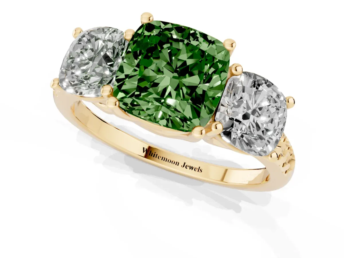 Fancy Green Three-Stone Cushion Cut Diamond Ring with Round Pavé Band and Prong Setting Yellow gold