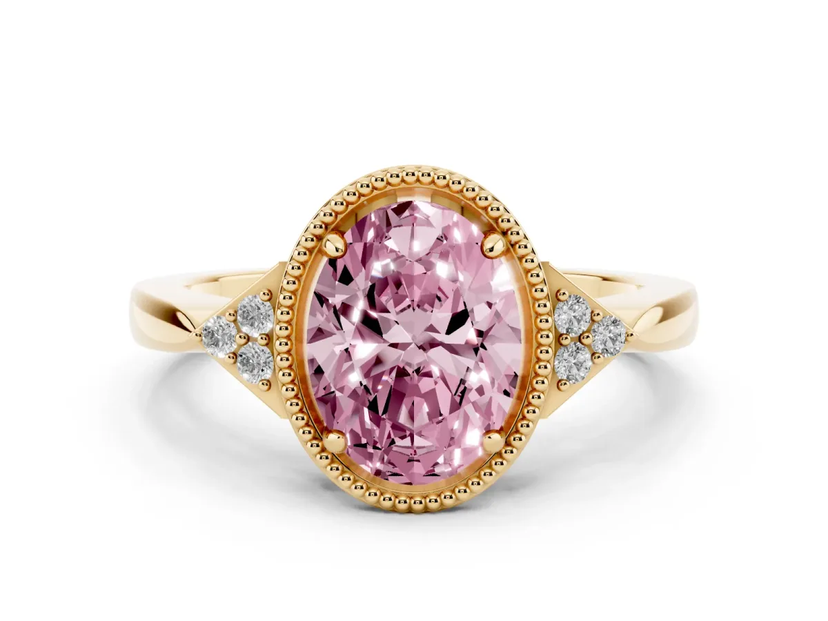 Fancy Pink Oval Cut Diamond Halo Ring with Tapered Band and Four-Prong Setting Yellow gold