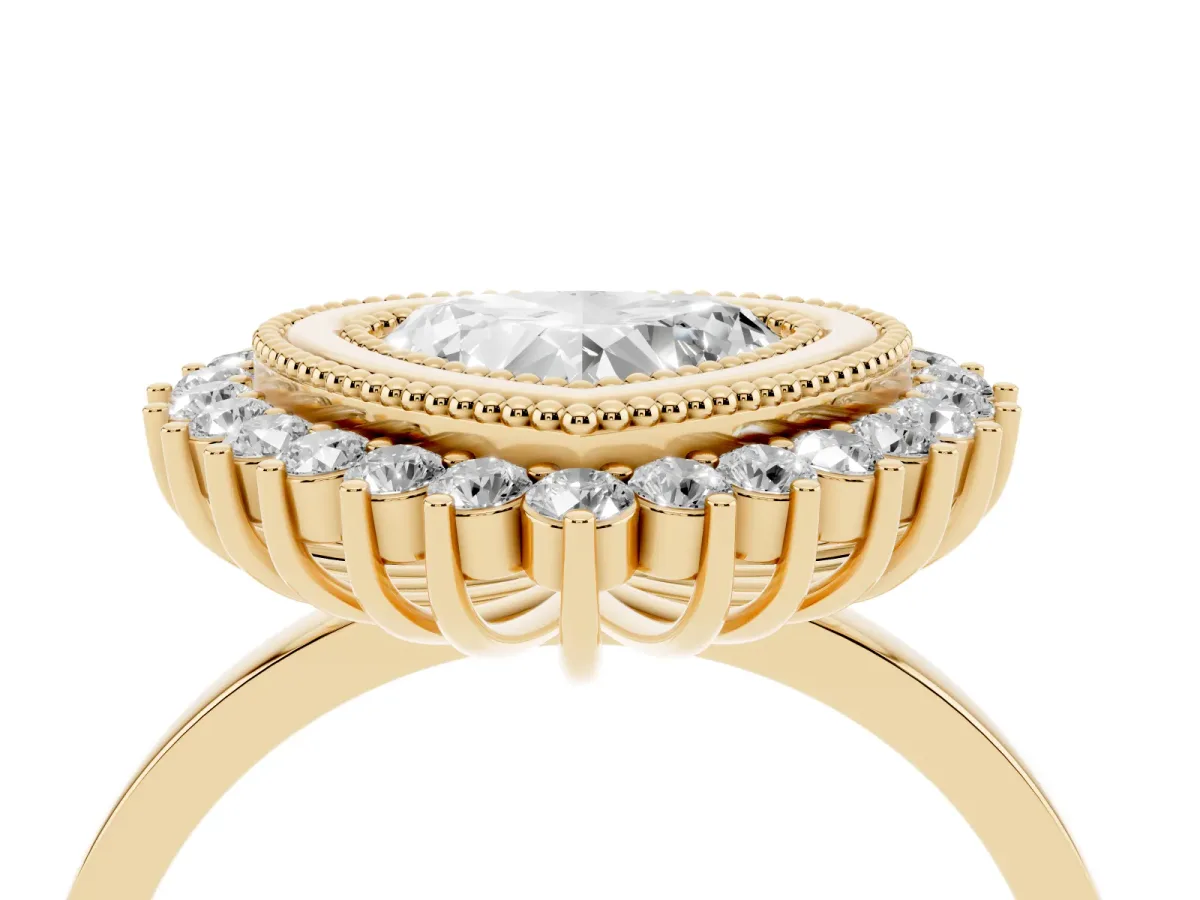 Heart Cut Halo Diamond Ring with Milgrain Edge and Round Prong Setting Yellow gold