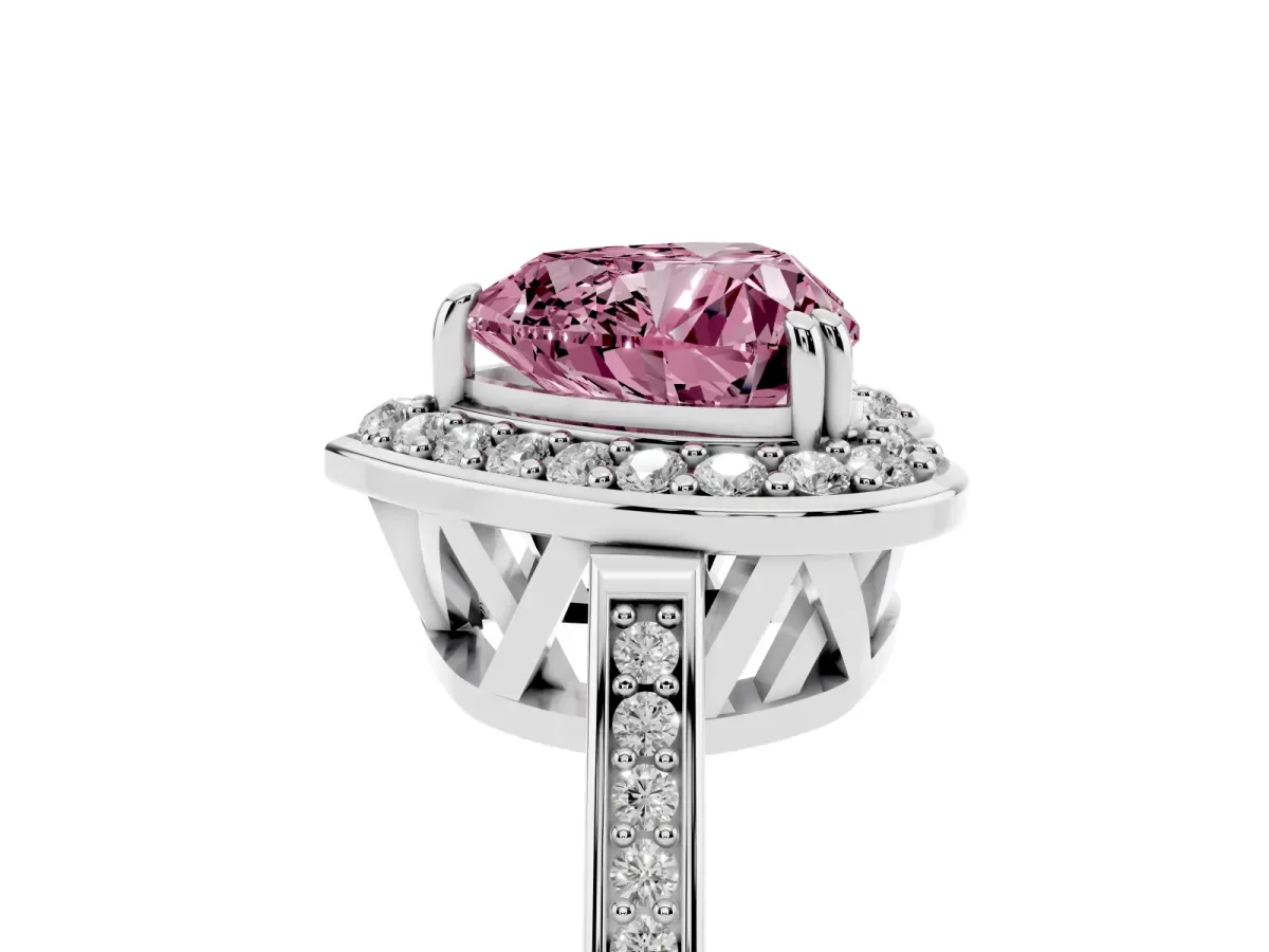Fancy Pink Heart Cut Diamond Halo Ring with Split Shank and Four-Prong Setting Platinum