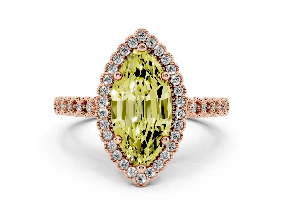 Fancy Yellow Marquise Cut Cut Halo Pavé Solitaire Ring with Milgrain Band Rose gold
