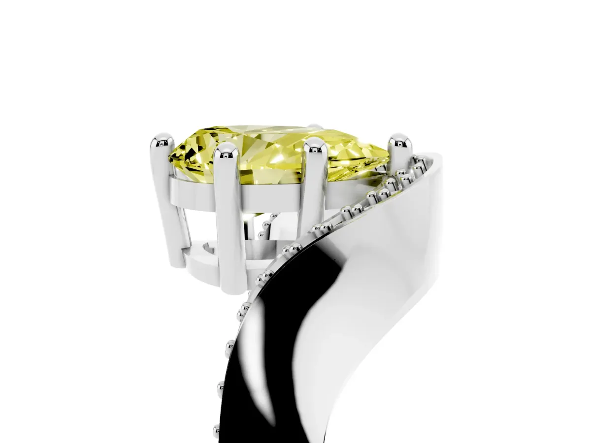 Fancy Yellow Pear Cut Solitaire Diamond Engagement Ring with Pave Band and Four-Prong Setting Silver