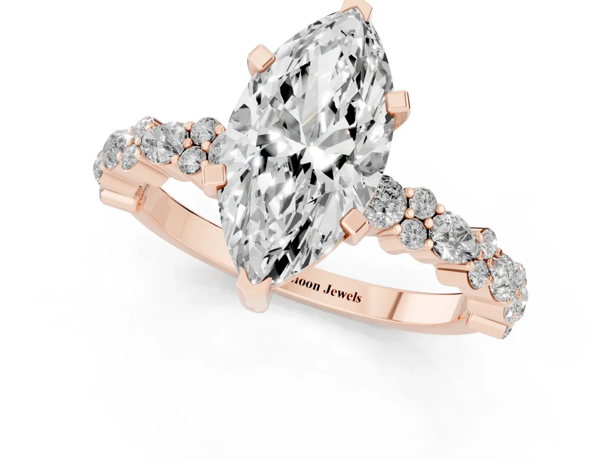 Marquise Cut Diamond Side Stone Solitaire Ring with Round and Four-Prong Setting Rose gold