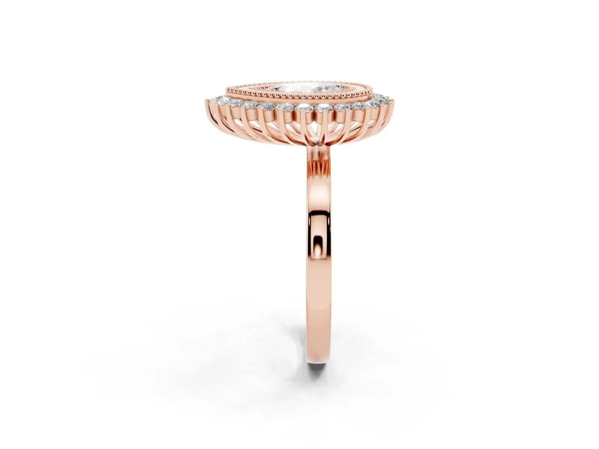 Pear Cut Halo Diamond Ring with Milgrain Edge and Round Prong Setting Rose gold