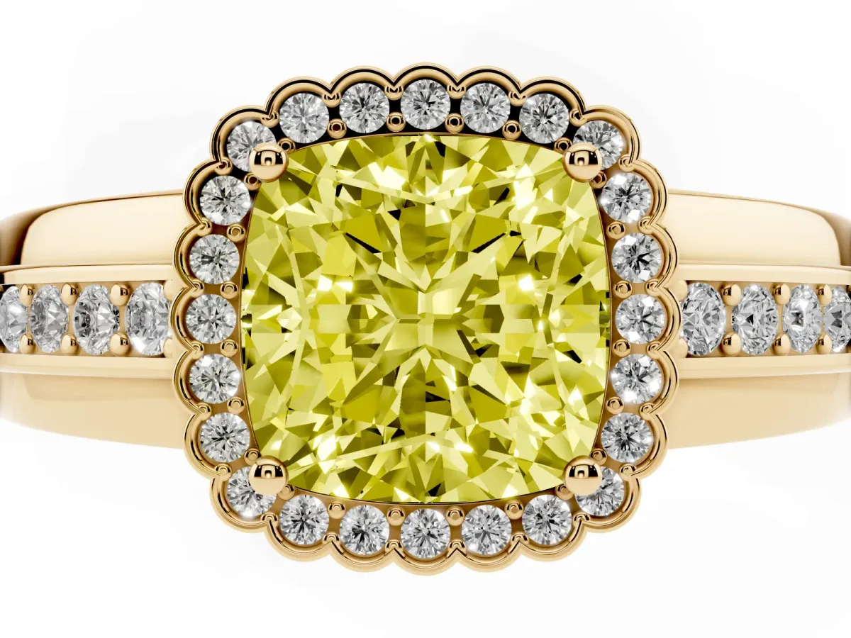 Fancy Yellow Cushion Cut Cut Halo Pave Band Four-Prong Ring Yellow gold