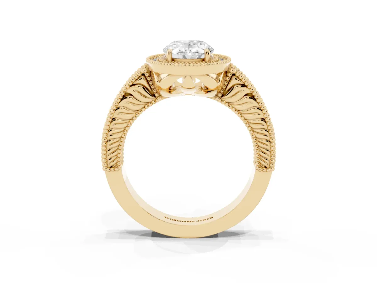 Oval Cut Cut Halo Diamond Ring with Pavé Band and Four-Prong Setting Yellow gold