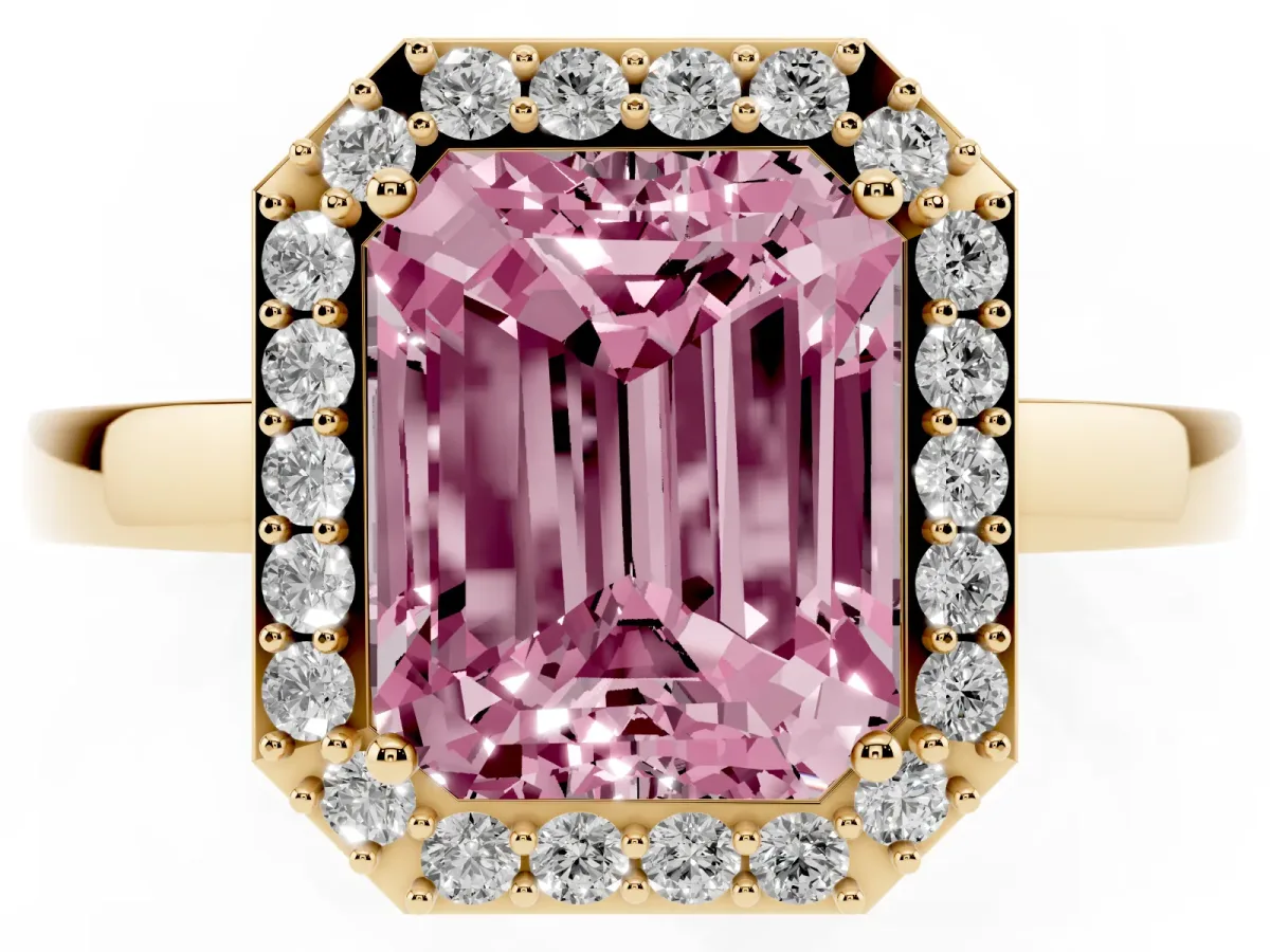 Fancy Pink Radiant Cut Halo Diamond Ring with Solitaire Band and Prong Setting Yellow gold