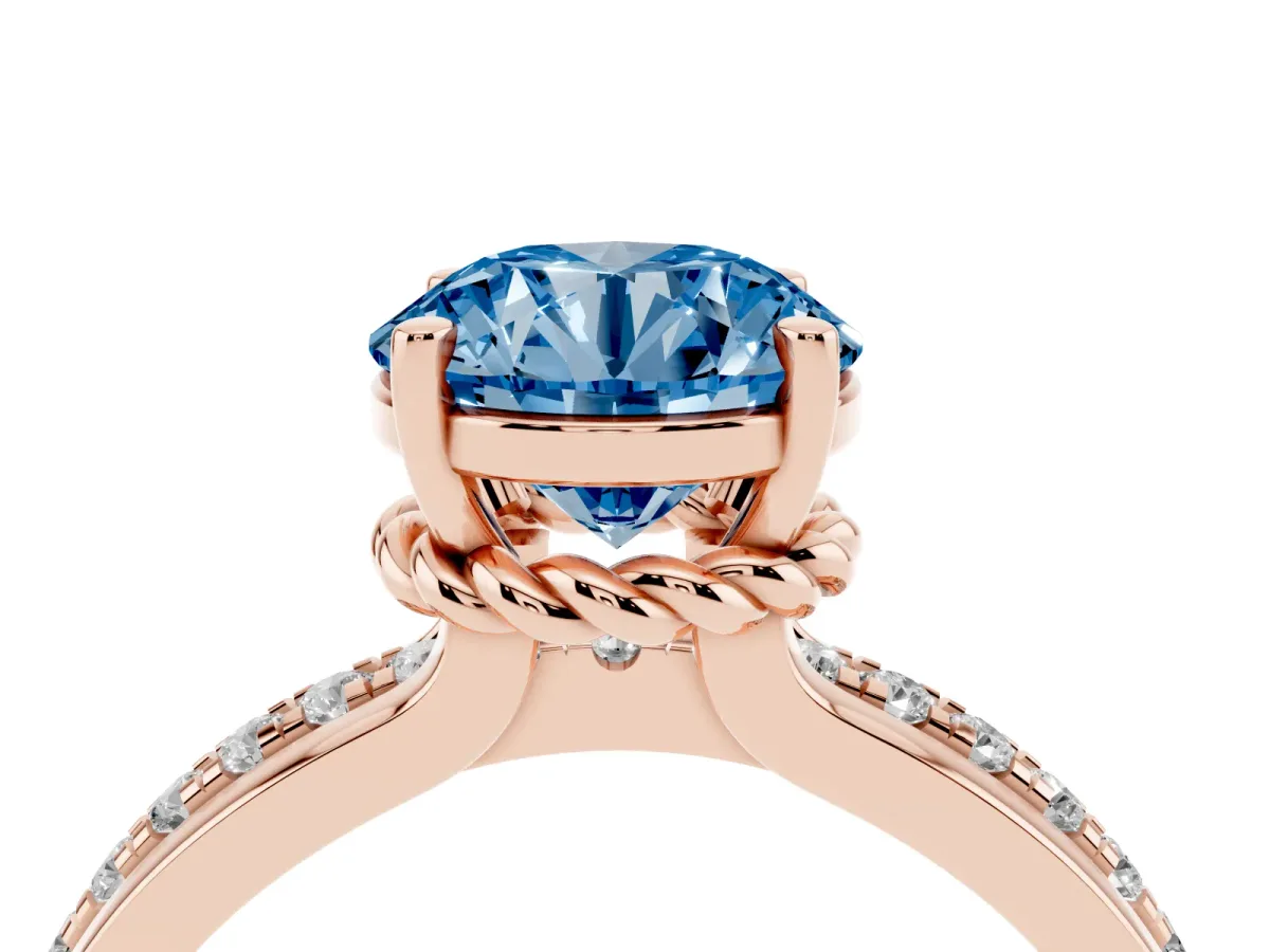 Fancy Blue Round Cut Solitaire Diamond Ring with Channel Set Band and Six-Prong Setting Rose gold