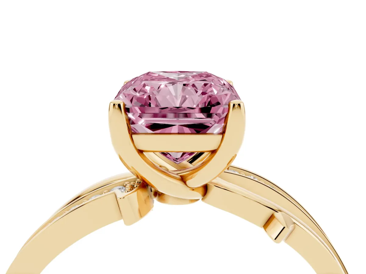 Fancy Pink Radiant Cut Solitaire Twist Band with Pavé Accents and Four-Prong Setting Yellow gold