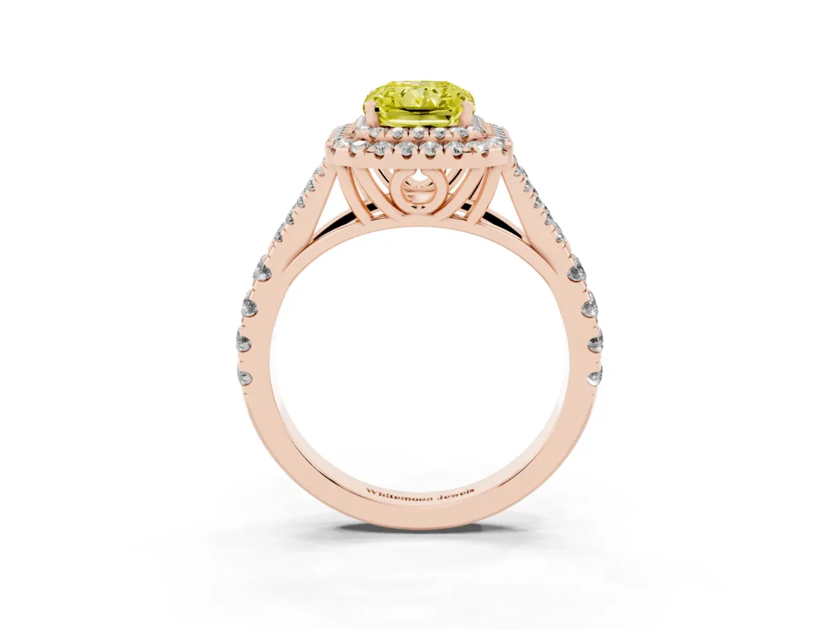 Fancy Yellow Radiant Cut Diamond Pavé Split Shank Double Halo Engagement Ring Rose gold