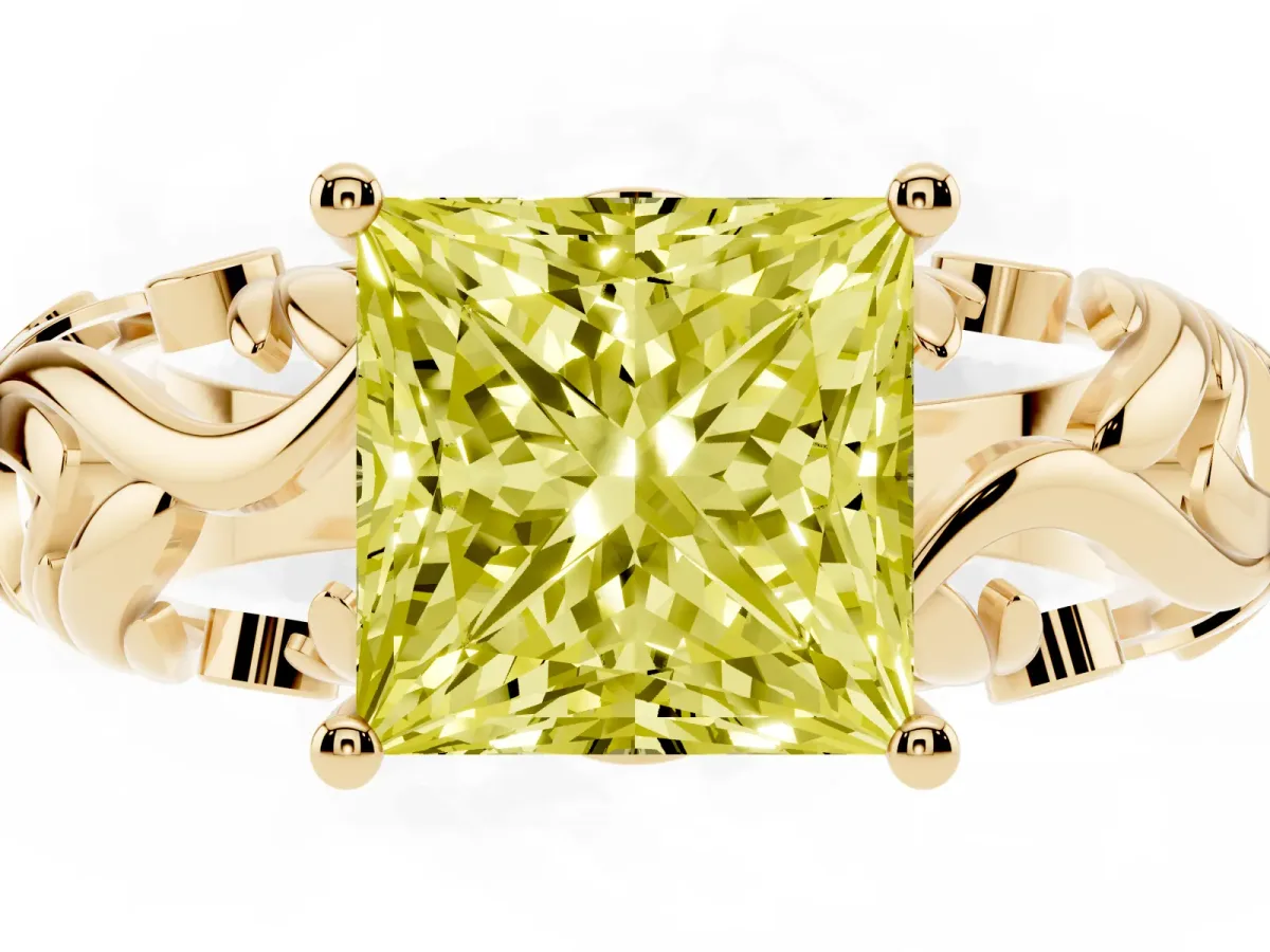 Fancy Yellow Princess Cut Solitaire Diamond Leaf-Inspired Vine Band Ring with Prong Setting Yellow gold