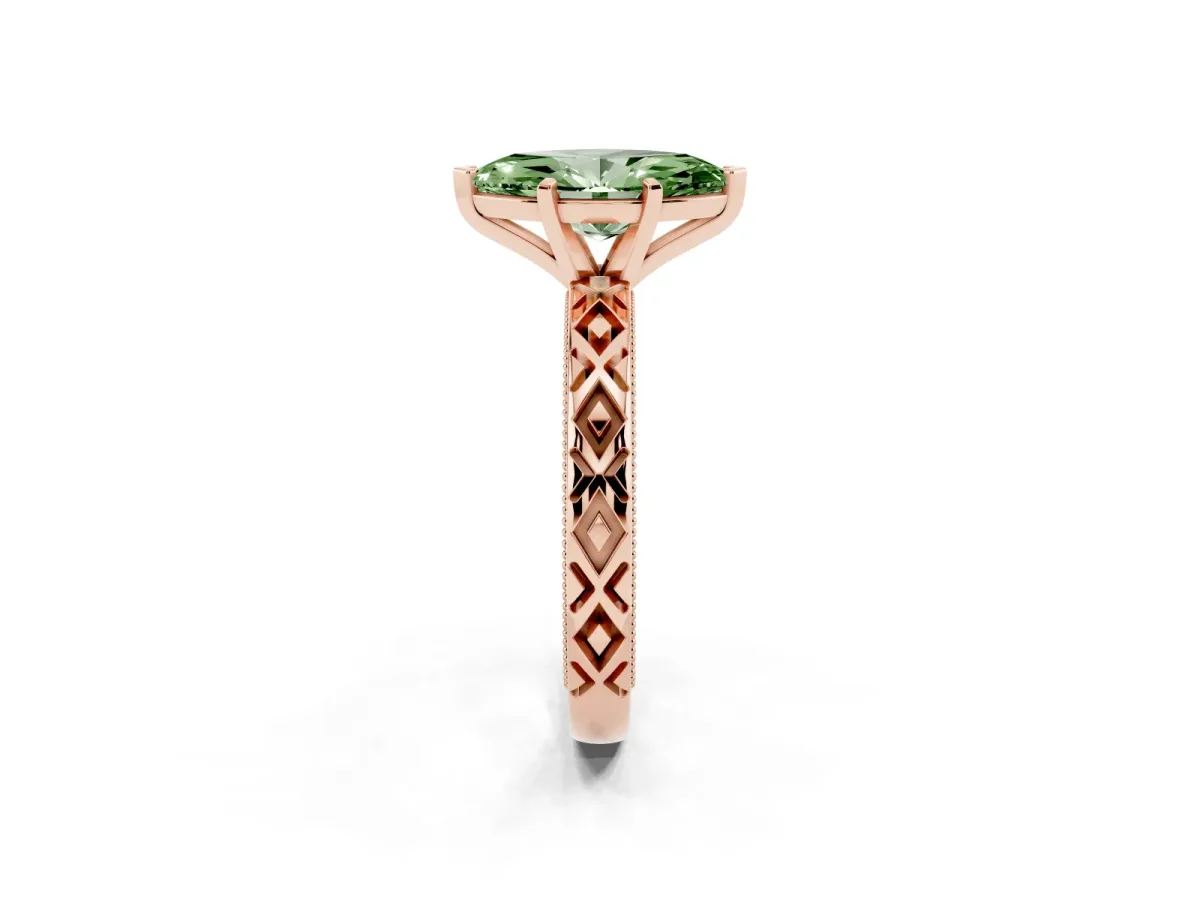 Fancy Green Marquise Cut Solitaire Diamond Ring with Milgrain and Black Enamel X Pattern Band Rose gold