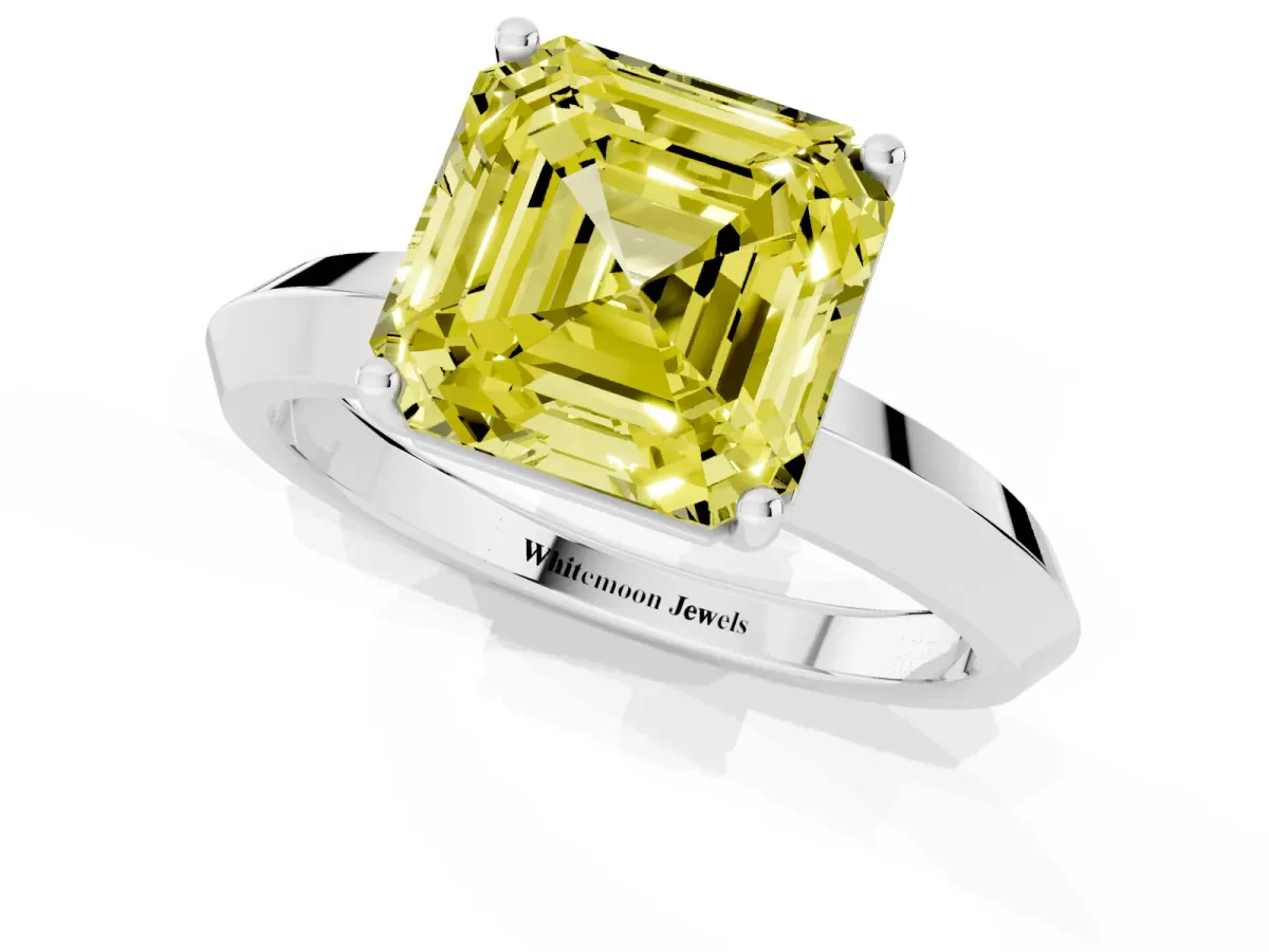 Fancy Yellow Asscher Cut Cut Solitaire Engagement Ring with Flat Band and Four-Prong Setting Silver