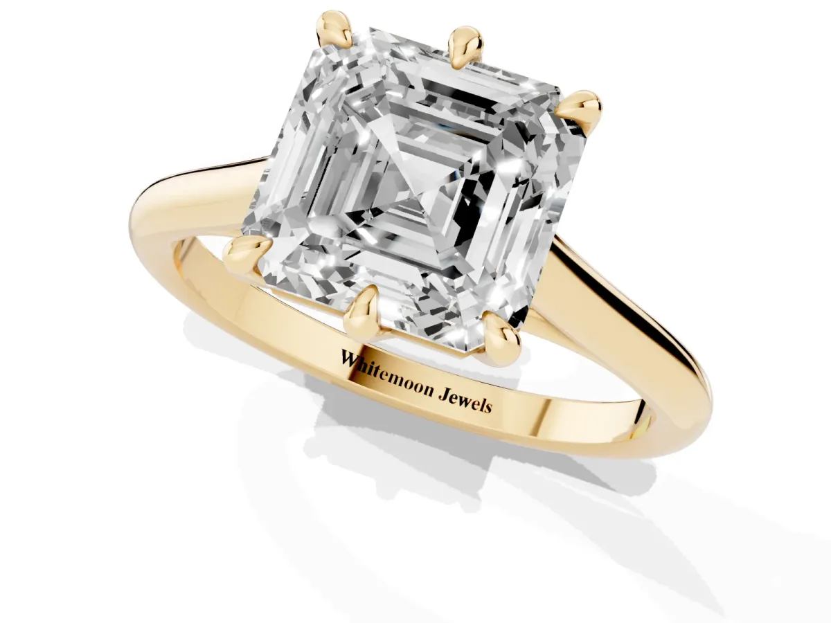 Asscher Cut Solitaire Engagement Ring with Six-Prong Setting and Classic Band Yellow gold